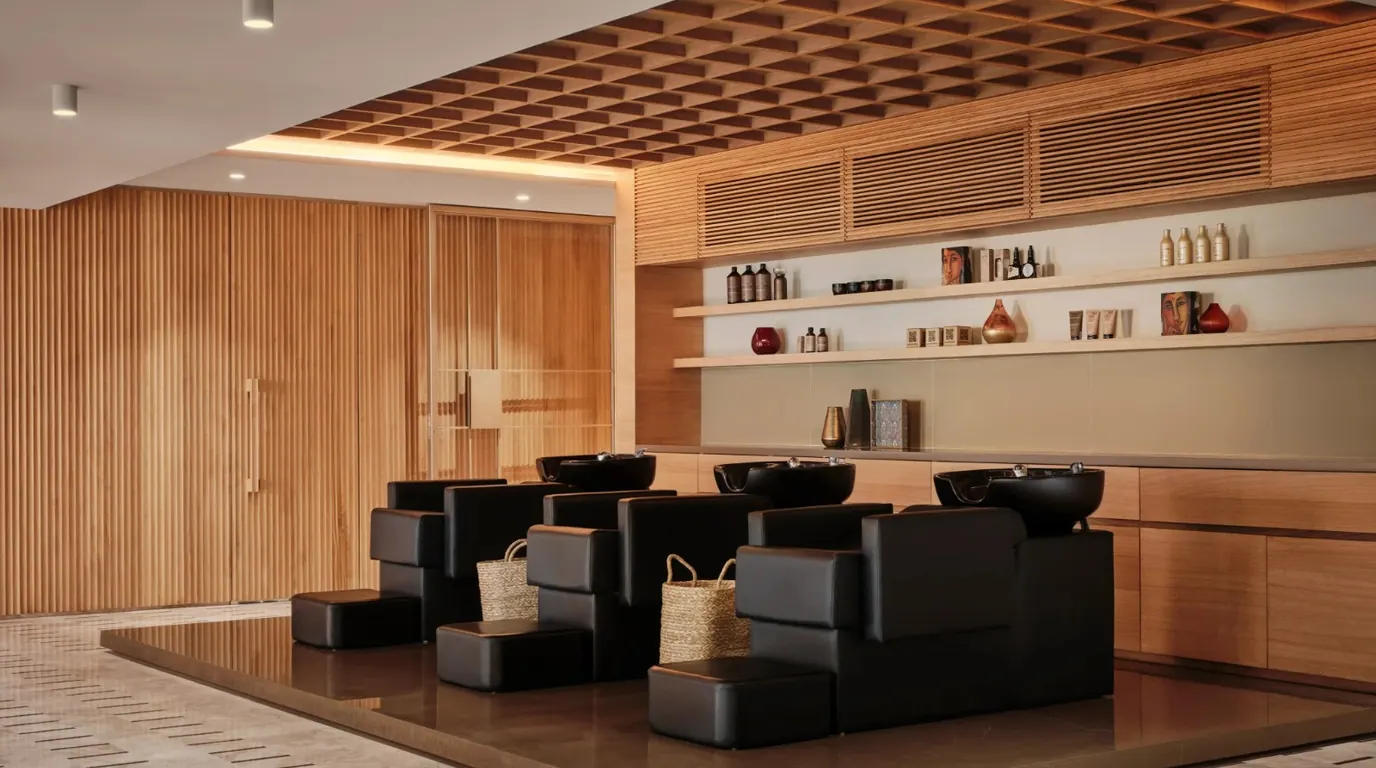 KSHITIJ salon interior with a geometric timber ceiling